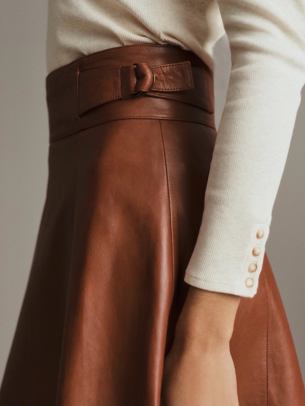 Sezane Chestnut Brown Leather Yasmin A-Line Skirt with Belted Waist